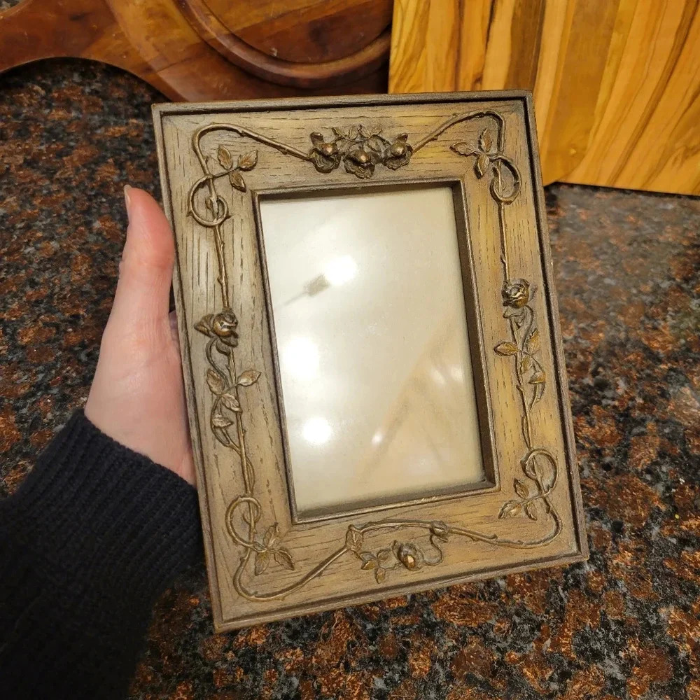 Small Vintage Antique Carved Wood Picture Frame Rose Detail Handmade - Picture 3 of 7